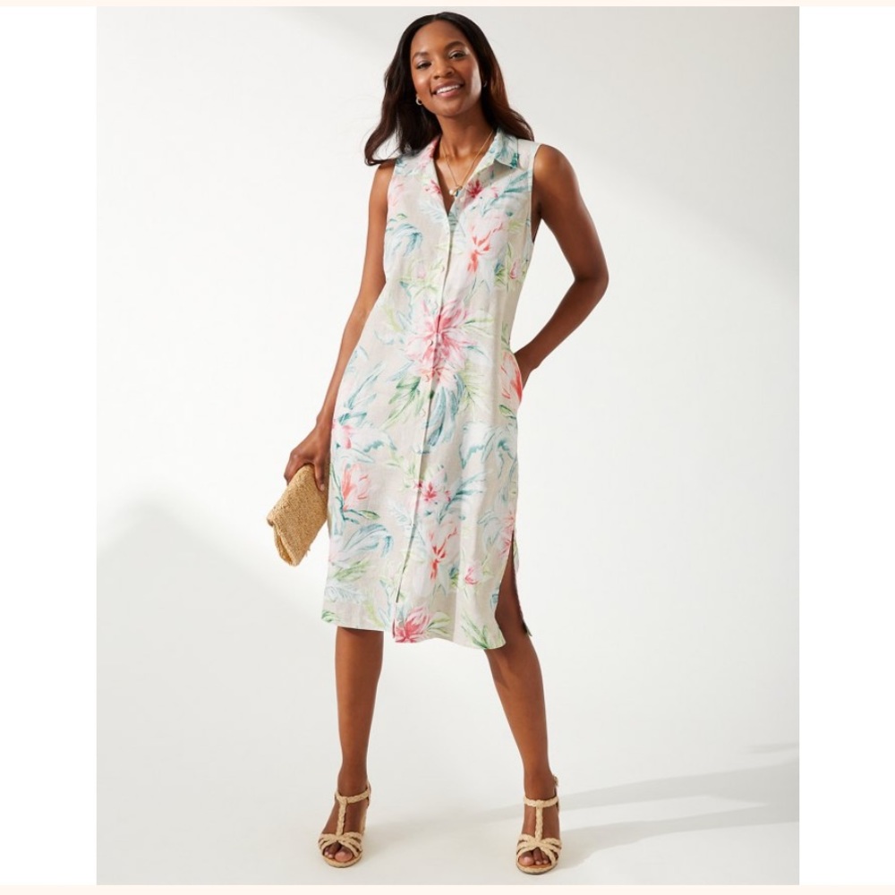 New Tommy Bahama Maya Meadows Linen Shirt Dress